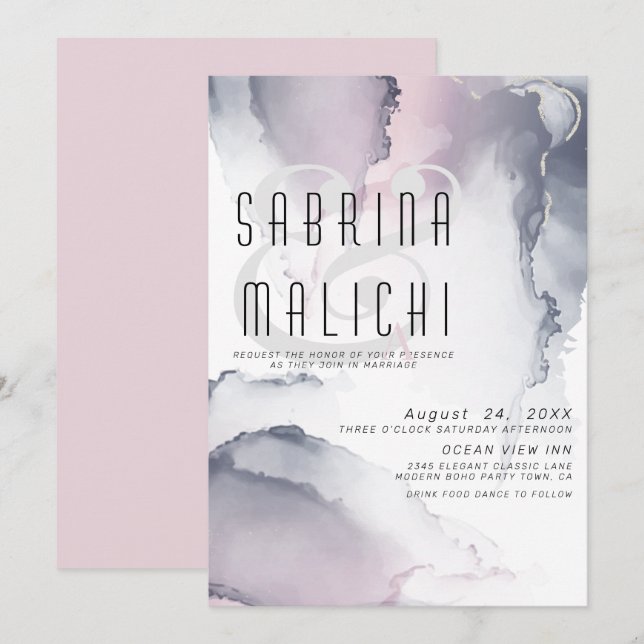 Dusty Plum  Pewter Fluid Alcohol Bläck Invati Inbjudningar (Fram/baksida)