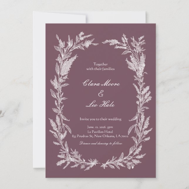 Dusty Plum White Line Art Botanical Wedding Invita Inbjudningar (Framsida)