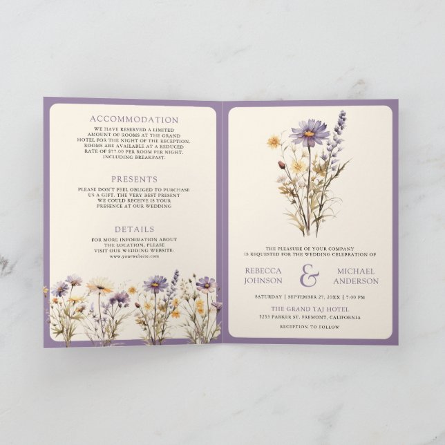 Dusty Purple Boho Wildflower QR Code Wedding Inbjudan (Inuti)