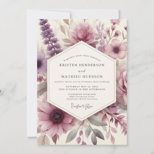 Dusty Purple Floral Romance Wedding Inbjudningar (Framsida)