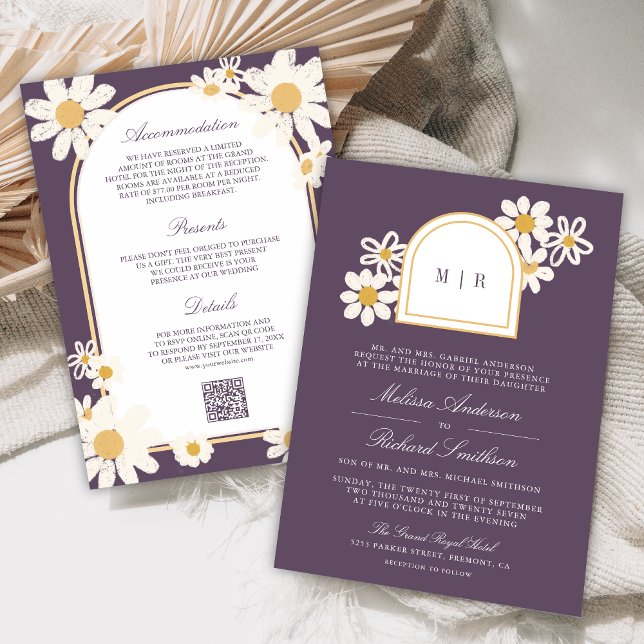 Dusty Purple Retro Yellow Daisy All in One Wedding Inbjudningar (Skapare uppladdad)