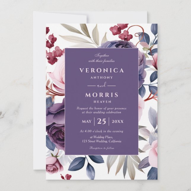 Dusty purple rose floral watercolor wedding inbjudningar (Framsida)