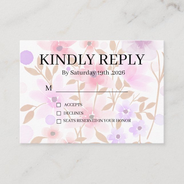 Dusty Purple Silver Gray Floral Rustic RSVP Card Tilläggskort (Framsida)