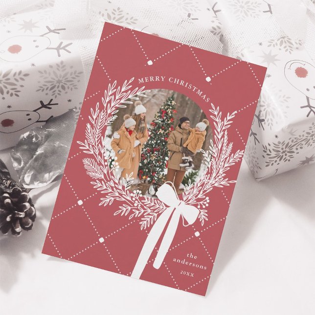 Dusty Red & White Julkrans Foto Julkort (Skapare uppladdad)