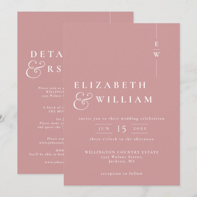Dusty Ro alla i ett modernt monogram Bröllop Inbjudningar (Fram/baksida)