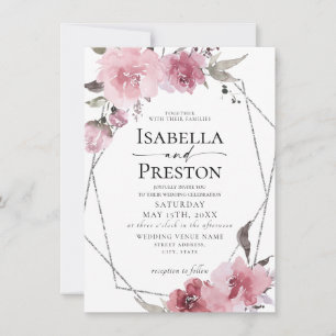 Dusty Ro Blommigt  Boho Silver Foil Bröllop Inbjudningar