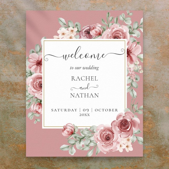 Dusty Ro Blommigt Botaniskt Bröllop Välkommen Poster (Dusty Rose Floral Botanical Wedding Welcome Poster)
