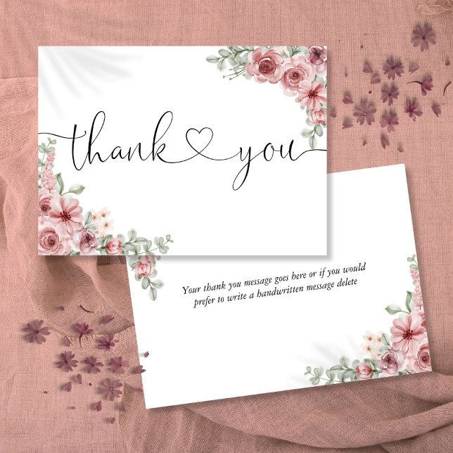 Dusty Ro Blommigt  Elegant Script Heart Tack Kort (Dusty Rose Floral Elegant Script Heart Thank You Card)