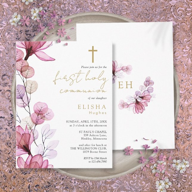 Dusty Ro Blommigt First Heliga Communion-inbjudan Vykort (Dusty Rose Floral First Holy Communion Invitation Postcard)