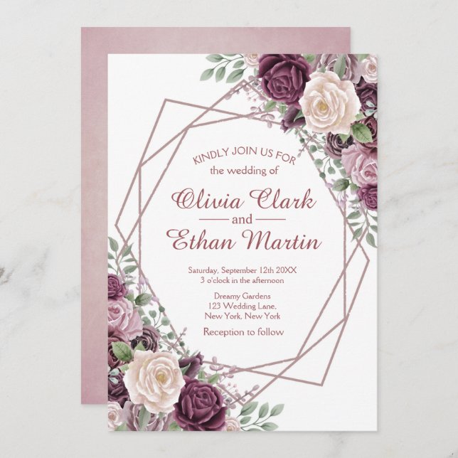 Dusty Ro Blommigt Geometric on White Inbjudningar (Fram/baksida)