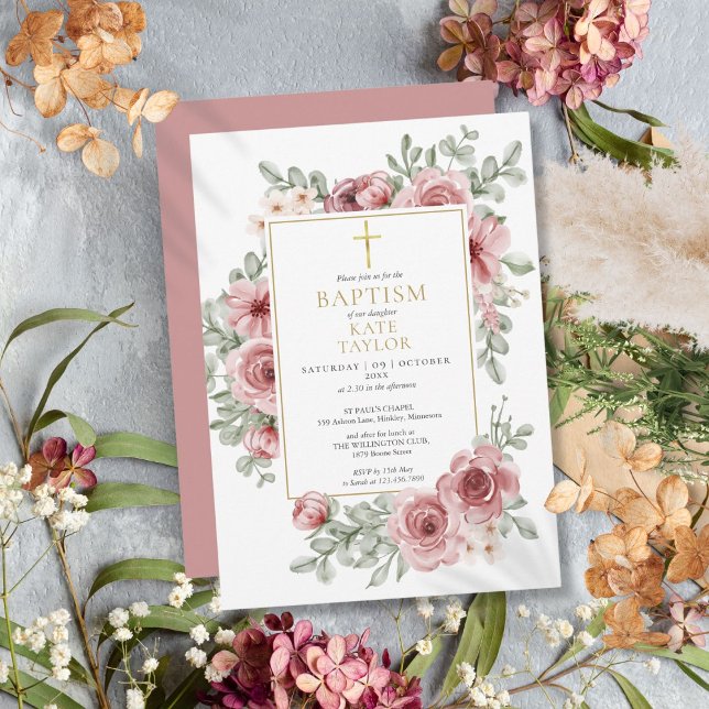 Dusty Ro Blommigt Guld Baptism Christening Inbjudningar (Dusty Rose Floral Gold Baptism Christening Invitation)