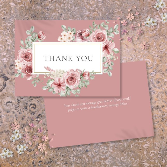 Dusty Ro Blommigt Guld Geometric Tack Kort (Dusty Rose Floral Gold Geometric Thank You Card)