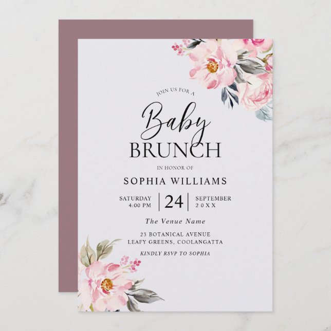 Dusty Ro Blommigt  Rosa Baby Shower Brunch Inbjudningar (Fram/baksida)