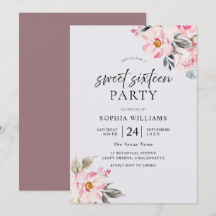 Dusty Ro Blommigt Rosa Sweet 16-inbjudan Inbjudningar