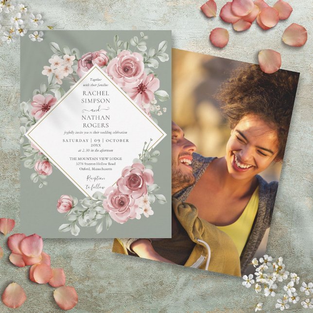 Dusty Ro Blommigt Sage Grönt Bröllop Photo Inbjudningar (Dusty Rose Floral Sage Green Wedding Photo Invitation)