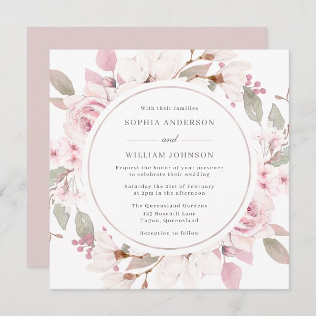  Dusty Ro Blommigt Vattenfärgsutandning Bröllop Inbjudningar (Fram/baksida)