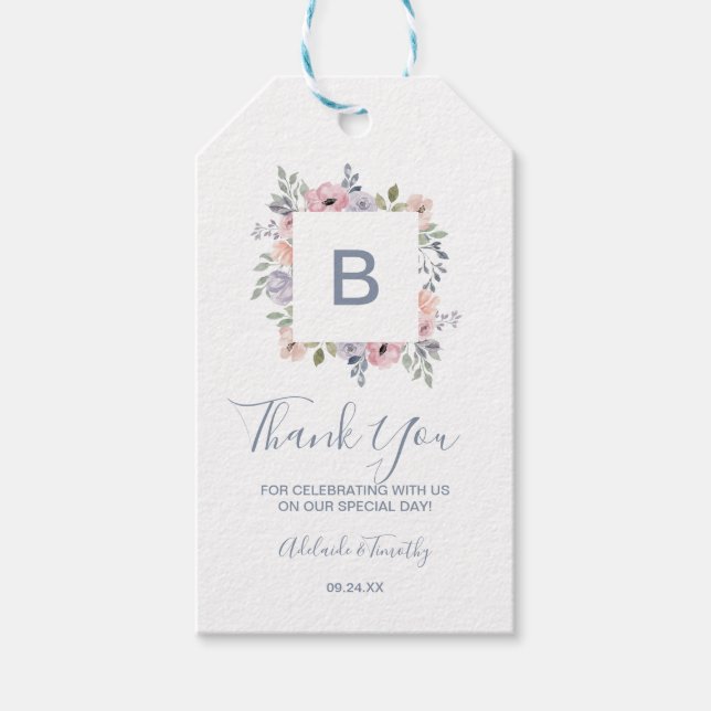 Dusty Ro Blommigts Monogram Tack Favor Presentetikett (Framsidan)