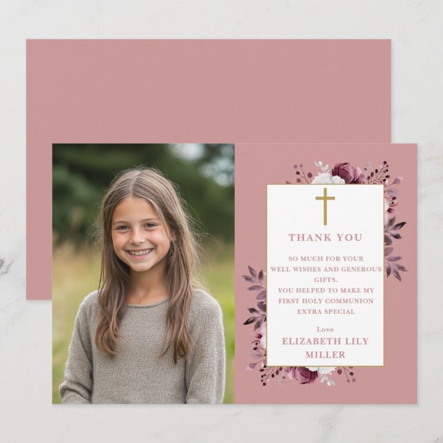 Dusty Ro Boho Blommigt Photo First Heliga Communio Tack Kort (Fram/baksida)