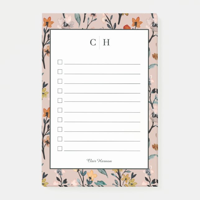 Dusty Ro Boho Blommigt Watercolor Anpassningsbar Post-it Block (Framsida)