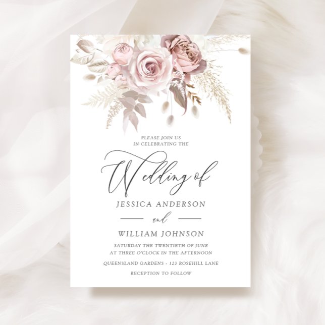 Dusty Ro  Boho Rosa Ivory Blommigt Bröllop Inbjudningar (Skapare uppladdad)
