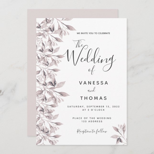 Dusty ro botaniskt, vitt skript bröllop inbjudningar (Fram/baksida)