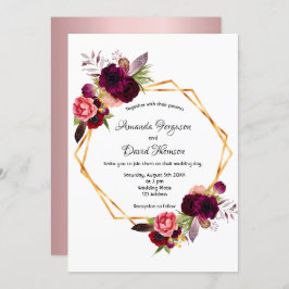 Dusty ro burgundy blommigt guld geometriska bröllo inbjudningar