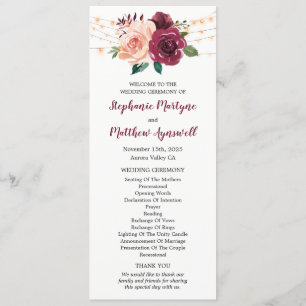 Dusty Ro Burgundy Blommigt String Ljus Bröllop Program