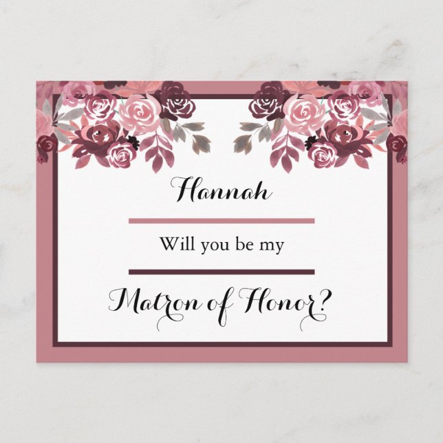 Dusty Ro Burgundy Matron of Honor Request Card Vykort (Framsida)