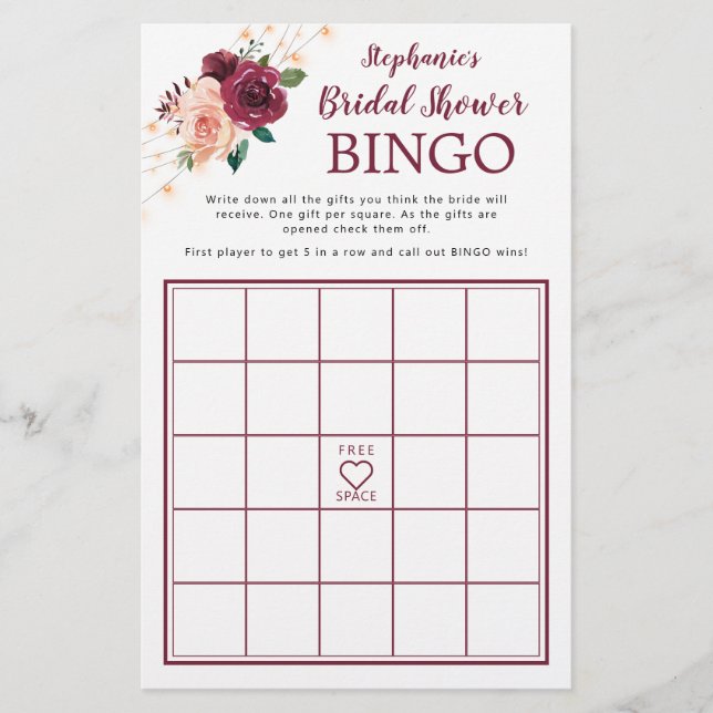 Dusty Ro Burgundy Rosor Möhippa Bingo Game (Framsida)
