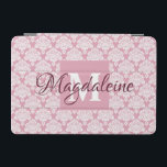 Dusty Ro Damask ipad cover med Monogram och Namn iPad Mini Skydd<br><div class="desc">Det här vackra iPad-fallet har ett klassiskt vitt dammmönster över en dammig ro-bakgrund. Utformningen är personlig med ett första monogram brev och ett anpassade namn. Perfekt till arbete eller skola,  eller en kvinna som vill ha en söt feminin fodral med en enkel utformning av eleganten.</div>