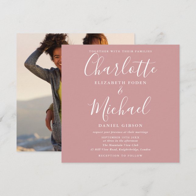 Dusty Ro Elegant  Bröllop Photo Inbjudningar (Fram/baksida)