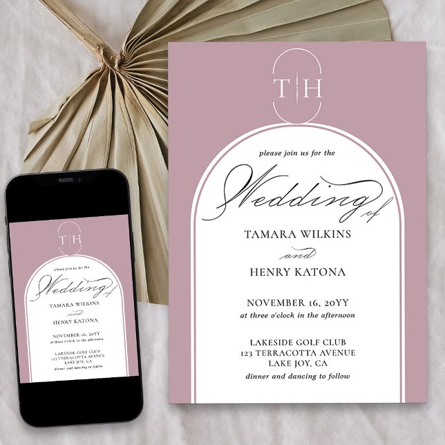 Dusty Ro Elegant Calligraphy Monogrammed Bröllop Inbjudningar (Elegant dusty rose pink wedding invitation from my Wedding Colors collection)