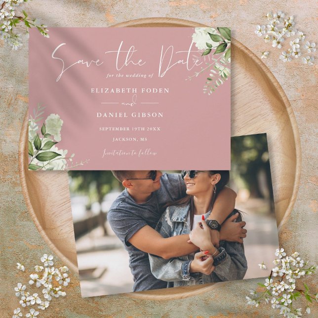 Dusty Ro Elegant Greenery Blommigt Photo Bröllop Spara Datumet (Dusty Rose Elegant Greenery Floral Photo Wedding Save The Date)