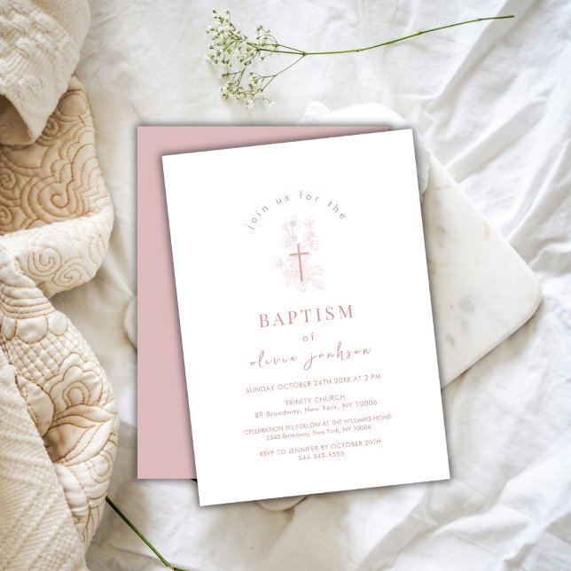 Dusty Ro Flower Kor Christening Girl Baptism Inbjudningar (Dusty Rose Flower Cross Christening Girl Baptism Invitation)