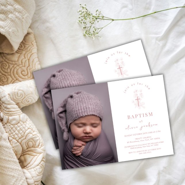 Dusty Ro Flower Kor Christening Photo Baptism Inbjudningar (Dusty Rose Flower Cross Christening Photo Baptism Invitation)