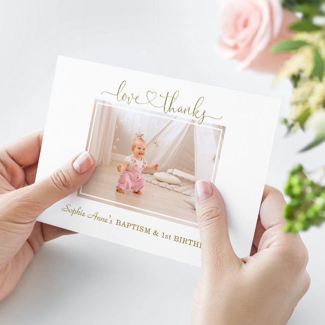 Dusty Ro Flowers Girl Photo 1st Birthday Baptism Tack Kort (Skapare uppladdad)