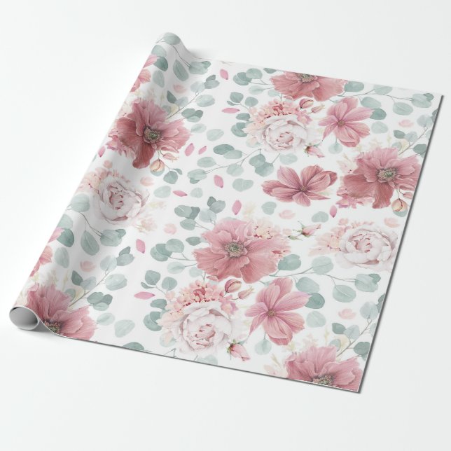 Dusty Ro Flowers Mönster Elegant Modern Presentpapper (Utrullad)