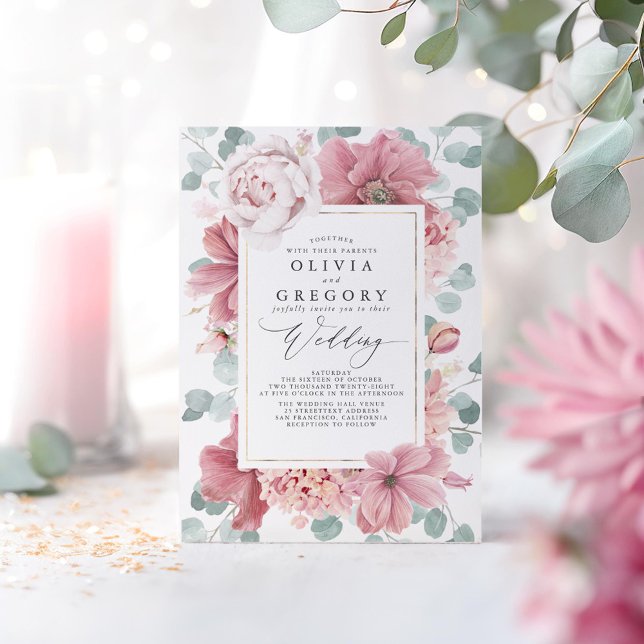 Dusty Ro Flowers och Greenery Elegant bröllop Inbjudningar (Dusty Pink Flowers Wedding Invitations)