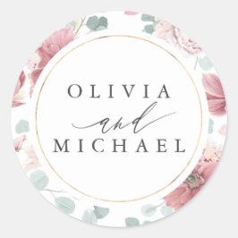 Dusty Ro Flowers och Guld Ram Elegant bröllop Runt Klistermärke