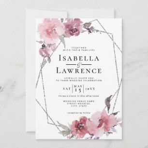 Dusty Ro Flowers Rosa Blommigt Silver Foil Bröllop Inbjudningar