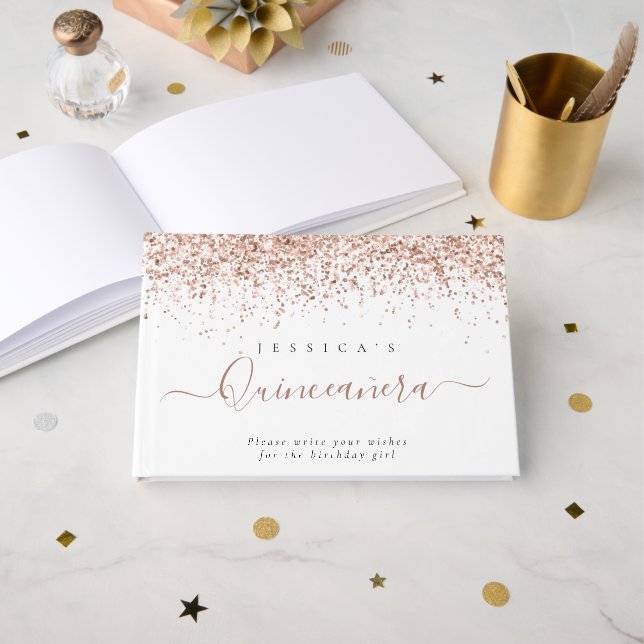Dusty Ro Glitter Quinceanera Gästböcker (Framsida öppen)