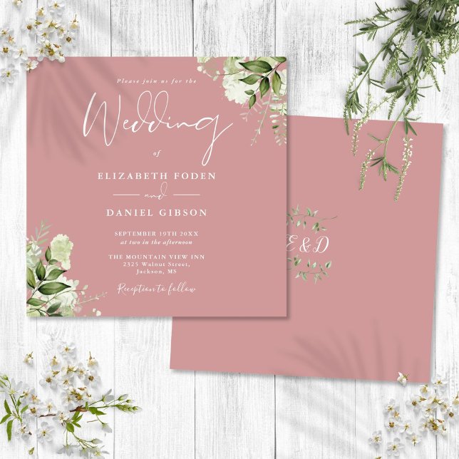 Dusty Ro Greenery Blommigt Monogram Square Bröllop Inbjudningar (Dusty Rose Greenery Floral Monogram Square Wedding Invitation)