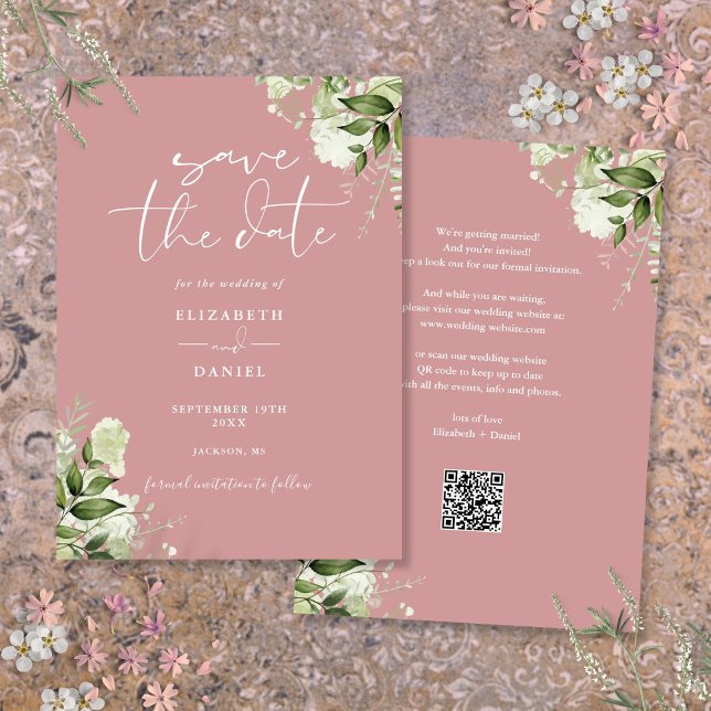 Dusty Ro Greenery Blommigt QR Code Bröllop Spara Datumet (Dusty Rose Greenery Floral QR Code Wedding Save The Date)