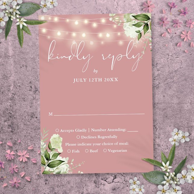 Dusty Ro Greenery Blommigt String Ljus Bröllop OSA Kort (Dusty Rose Greenery Floral String Lights Wedding RSVP Card)
