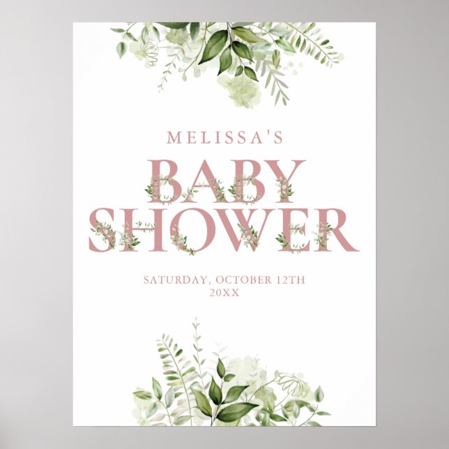 Dusty Ro Greenery Brev Baby Shower Sign Sign Poster (Framsidan)