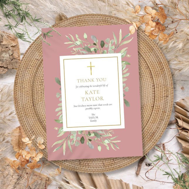 Dusty Ro Greenery Funeral Memorial Tack Kort (Dusty Rose Greenery Funeral Memorial Thank You Card)