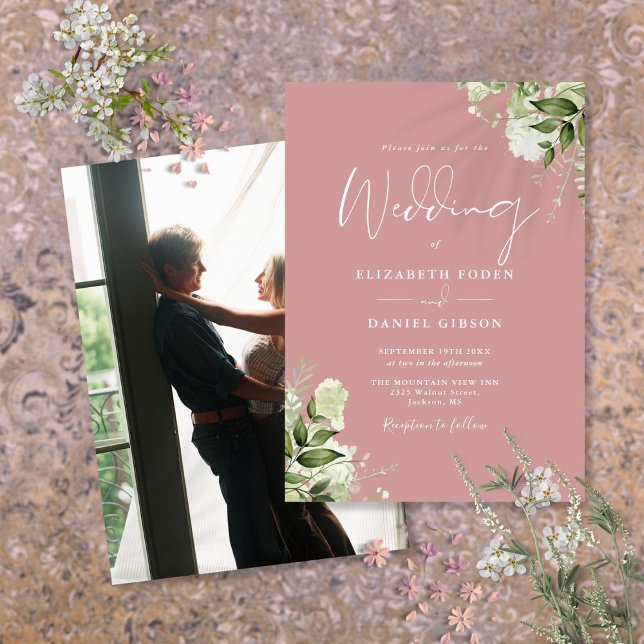 Dusty Ro Greenery Löv Elegant Photo Bröllop Inbjudningar (Dusty Rose Greenery Leaves Elegant Photo Wedding Invitation)