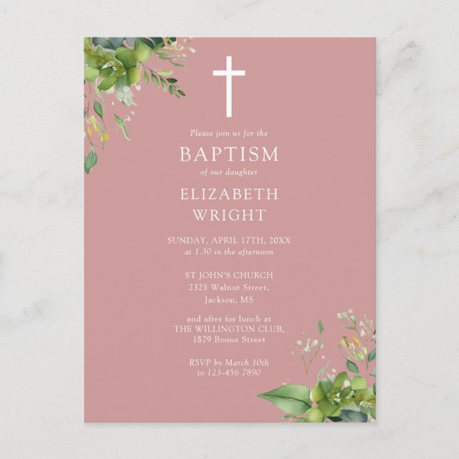 Dusty Ro Greenery Monogram Baptism-inbjudan Vykort (Framsida)