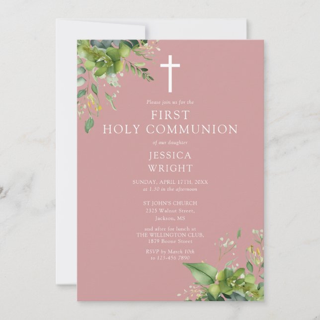 Dusty Ro Greenery Monogram First Heliga Communion Inbjudningar (Framsida)