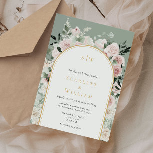 Dusty Ro Guld Arch Sage Grönt Monogram Bröllop Inbjudningar